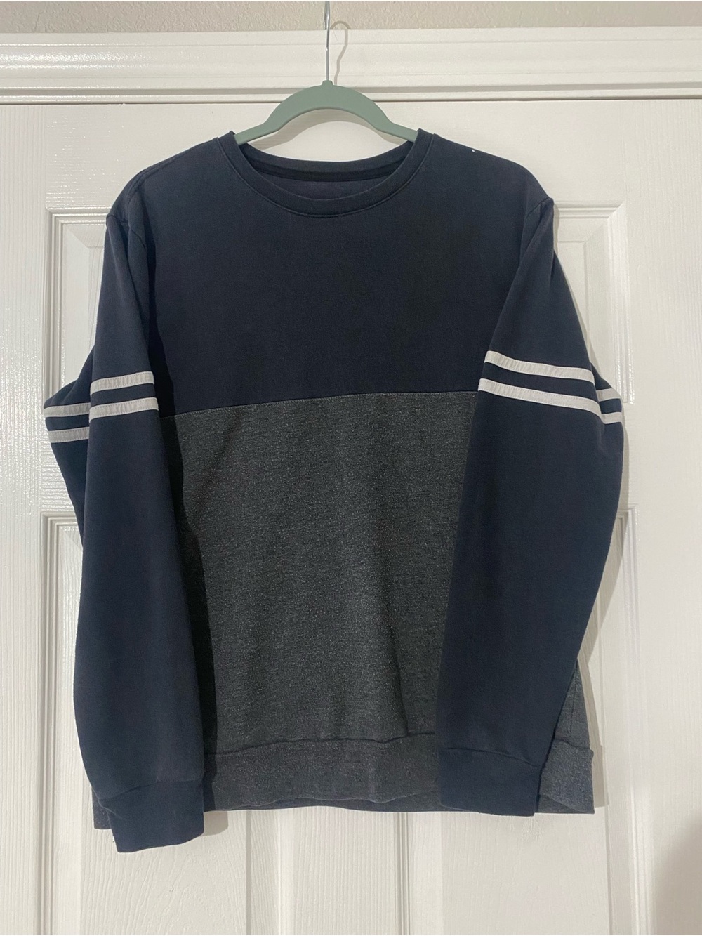 EXCHANGE Navy and Charcoal Two-Tone Crewneck Sweater with White Sleeve Stripes